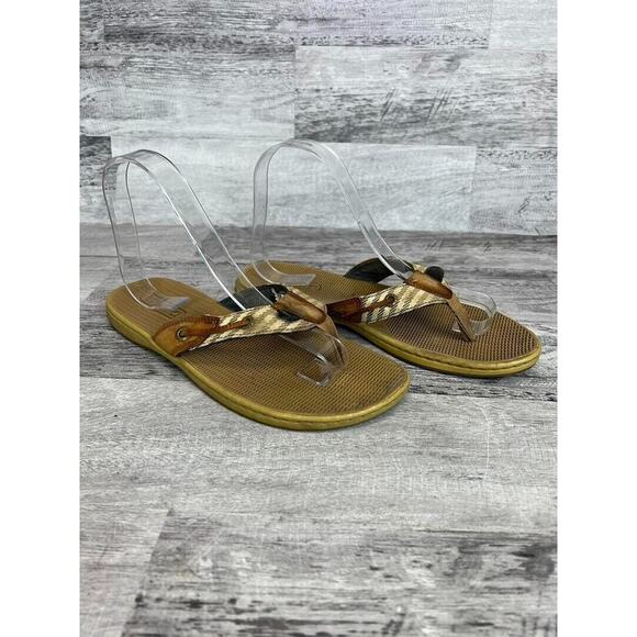 Sperry Womens Size 7M Brown Canvas & Leather Thong Flip-Flops Casual Sandals - Picture 1 of 8
